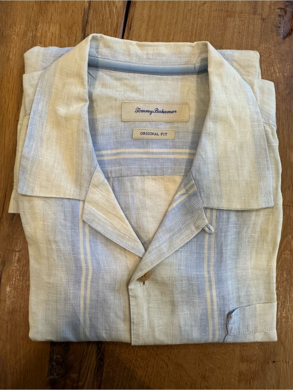 Tommy Bahama 100% Linen Blue and Cream Striped Casual Button-Down Shirt